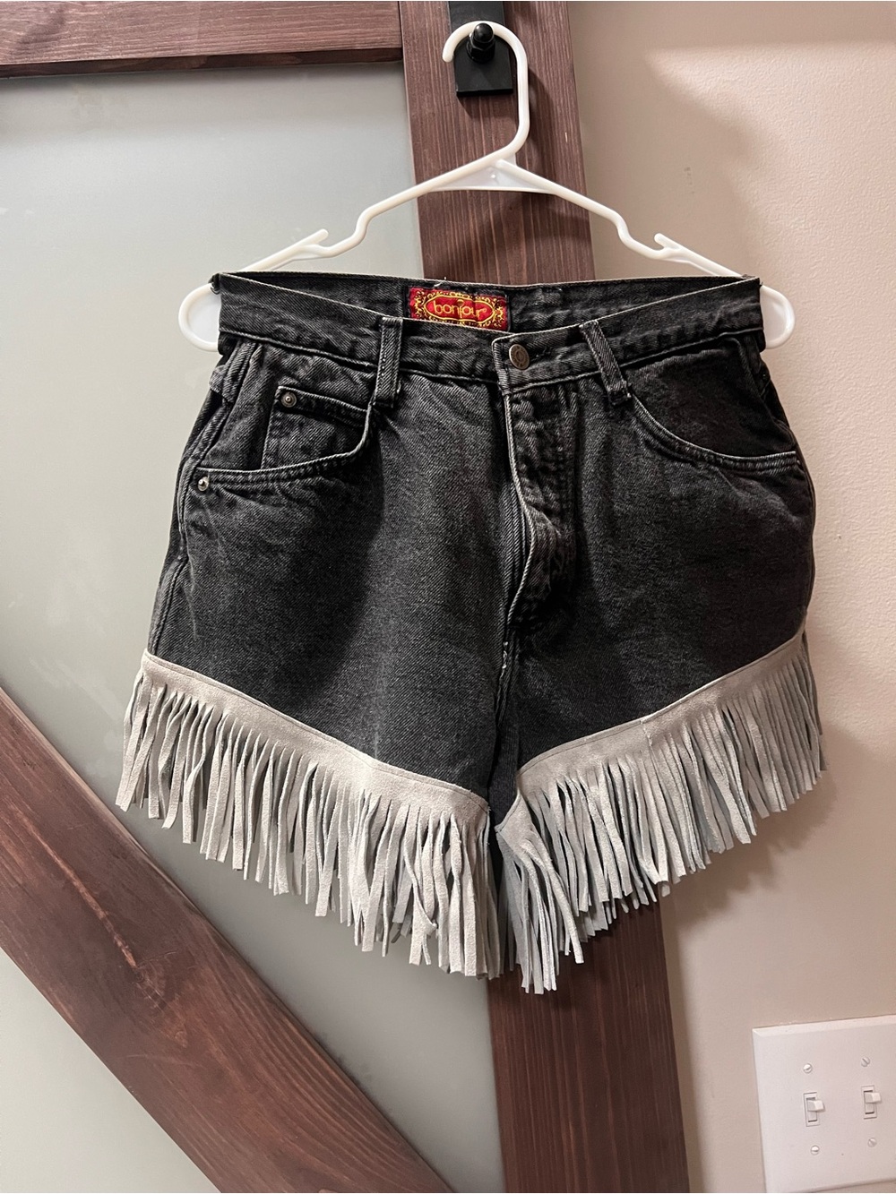 Fringed Black Denim Jean Shorts with Light Fringe Trim
